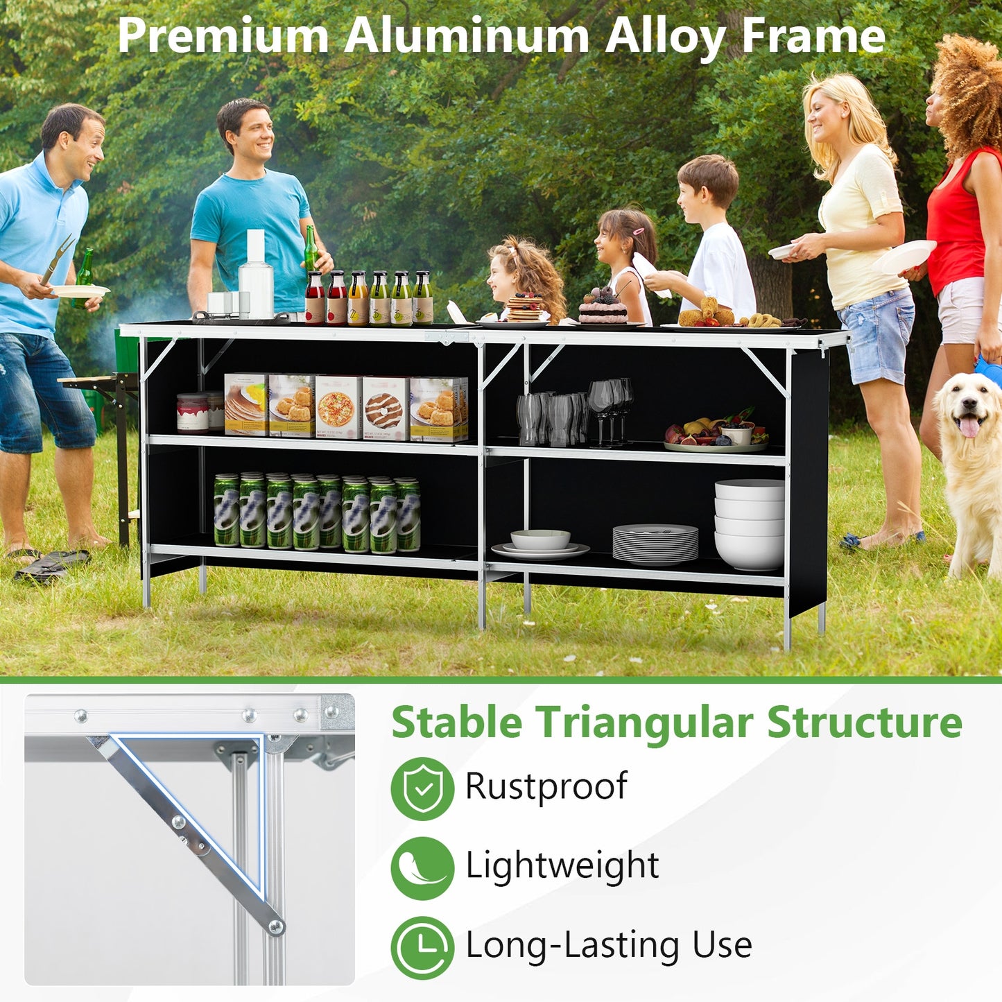 Aluminum Portable Picnic Table, 2-Tier Open Shelves, Spacious Tabletop, Black Camping Furniture at Gallery Canada