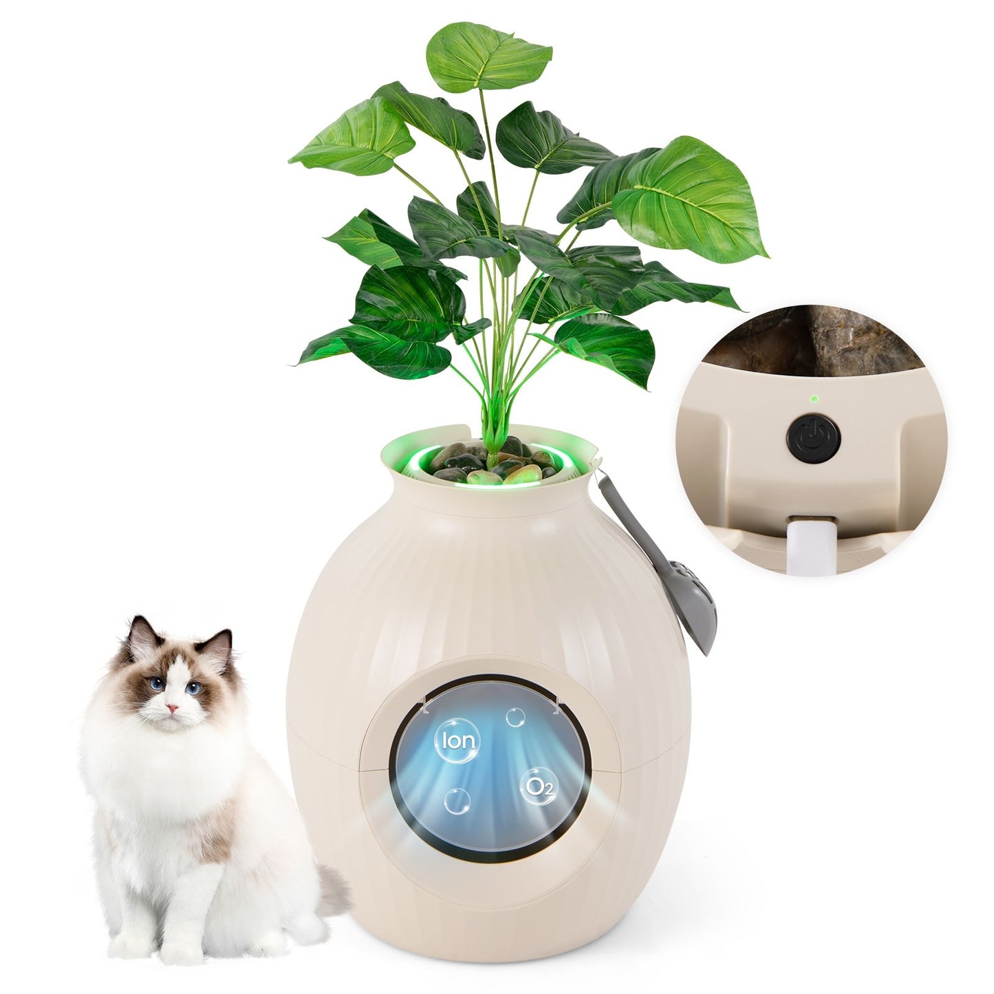 Smart Plant Cat Litter Box with Electronic Odor Removal & Sterilization, Beige