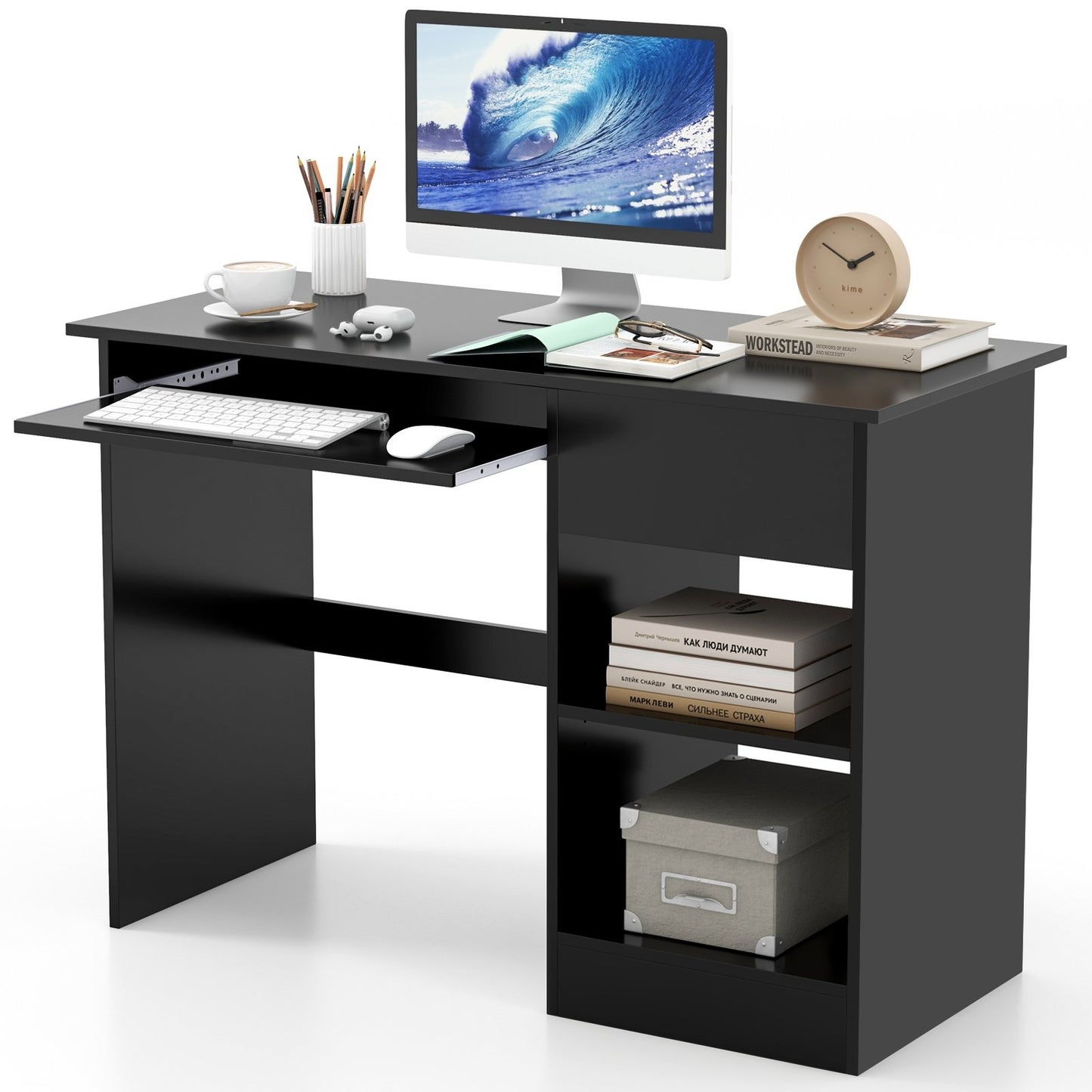 Wooden Computer Desk with CPU Stand, Black