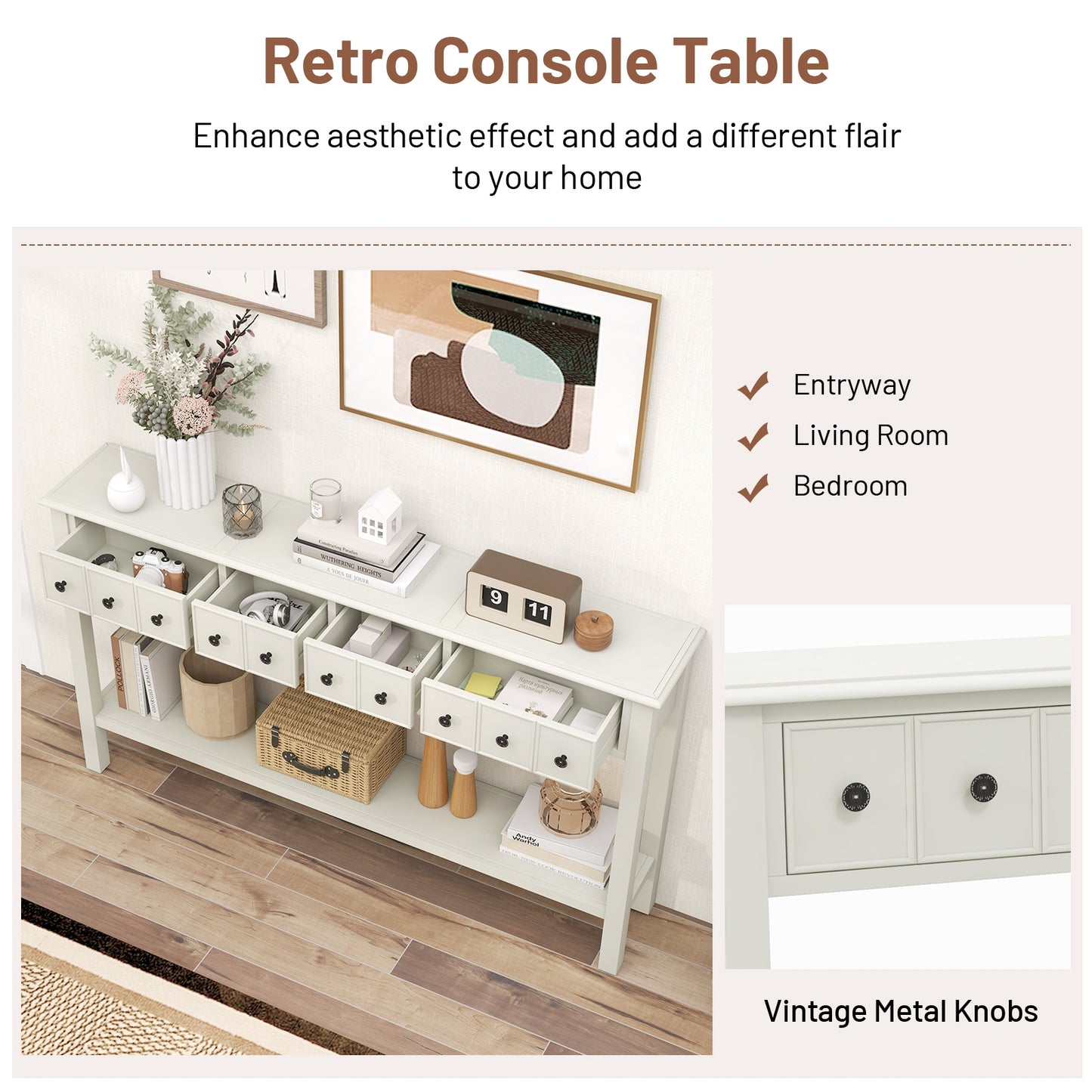 60 Inch Sofa Table, 4 Drawers, Open Shelf, White Console Tables at Gallery Canada
