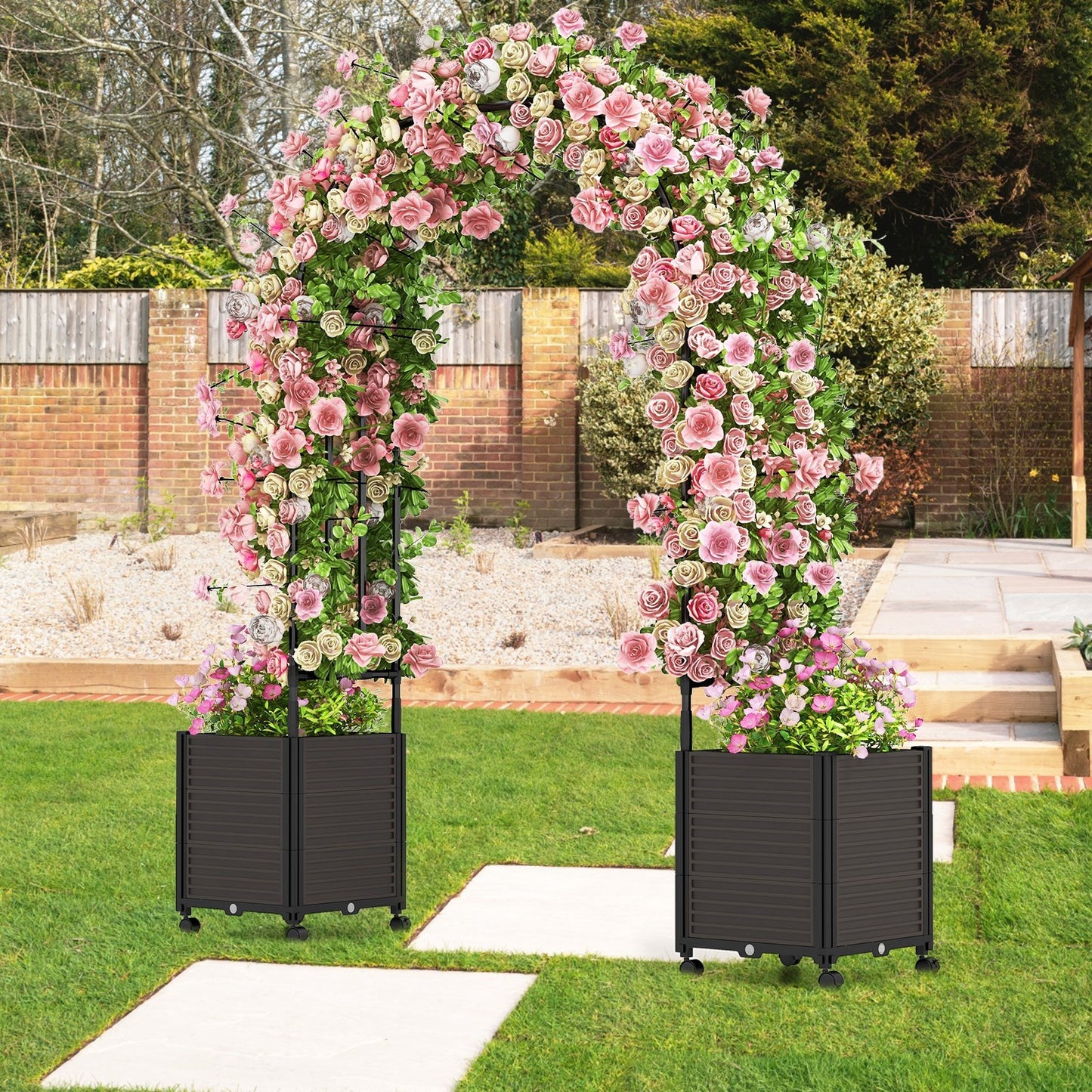 6.6 Feet Arch Arbor Trellis with 2 Planter Boxes & Detachable PE-Coated Metal Tubes, Black
