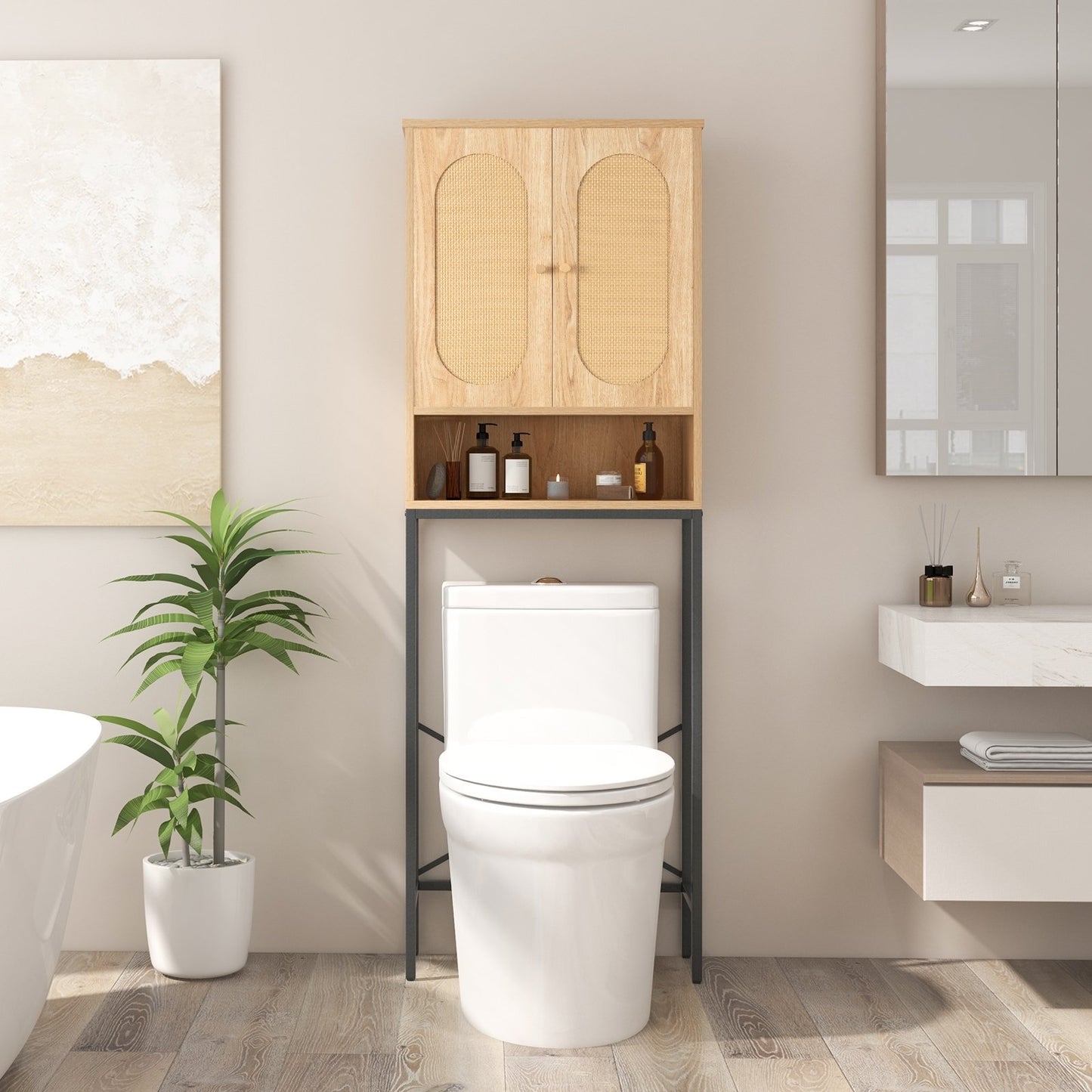 Over The Toilet Storage Cabinet with Rattan Doors and Shelves, Natural
