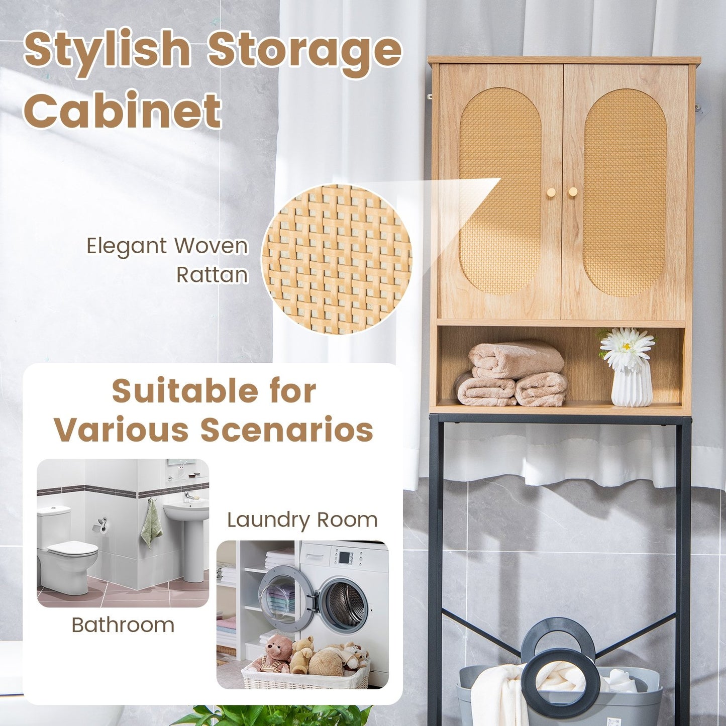 Over The Toilet Storage Cabinet with Rattan Doors and Shelves, Natural