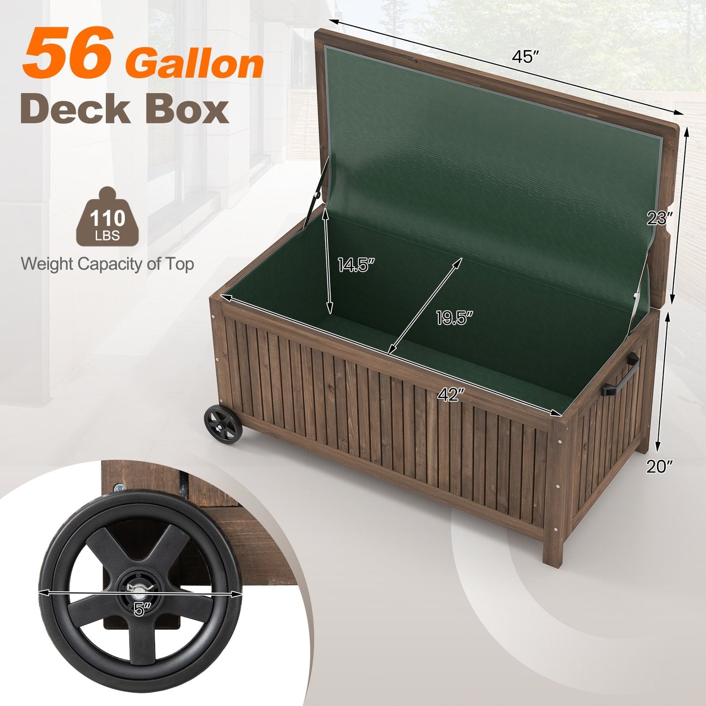 56-Gallon Wood Deck Box with Removable Waterproof PE Liner, Brown