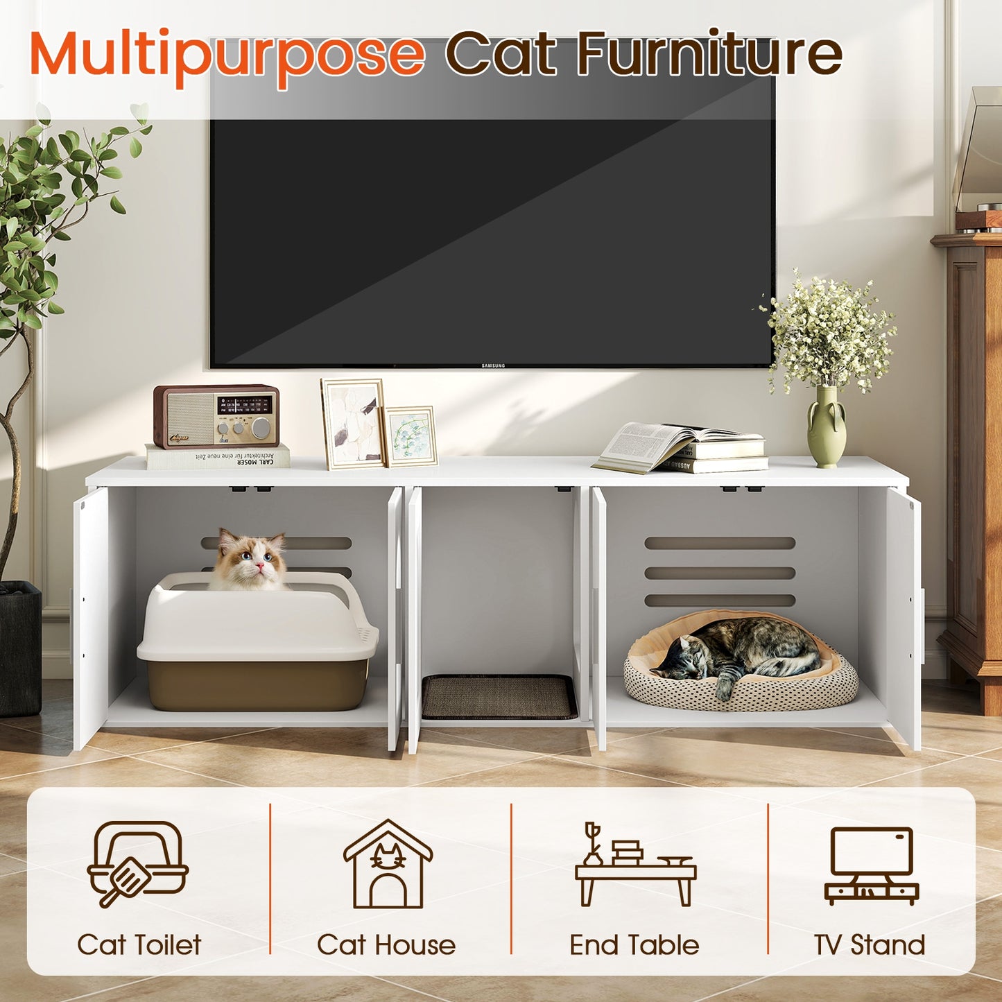 Cat Litter Box Enclosure, Double Rooms, Sisal Scratching Mat, White