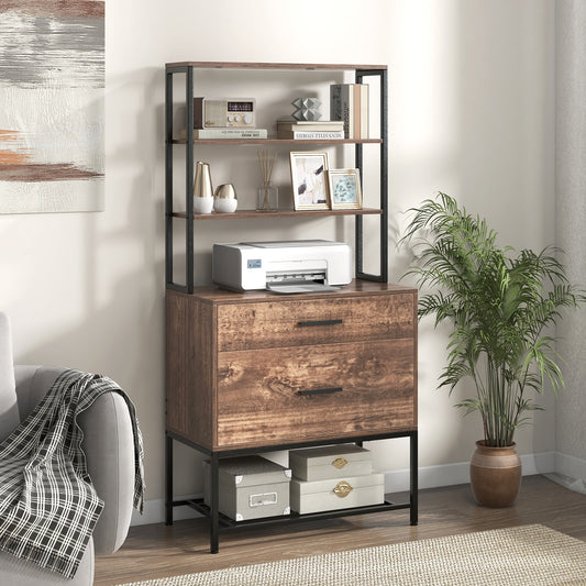 Freestanding File Cabinet, Charging Station, 3-Tier Shelves, Rustic Brown