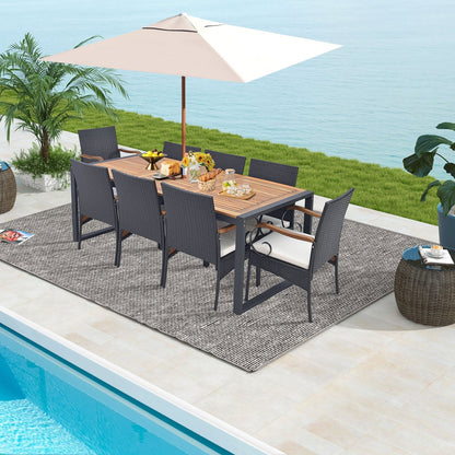 9 Pieces  Patio Rattan Dining Set with Acacia Wood Table for Backyard  Garden-Curved Handrail