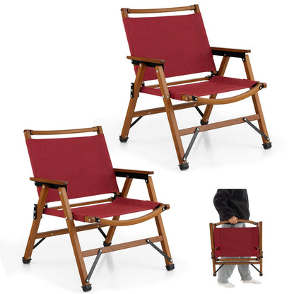 Set of 2 Patio Folding Camping Beach Chair with Solid Bamboo Frame, Red