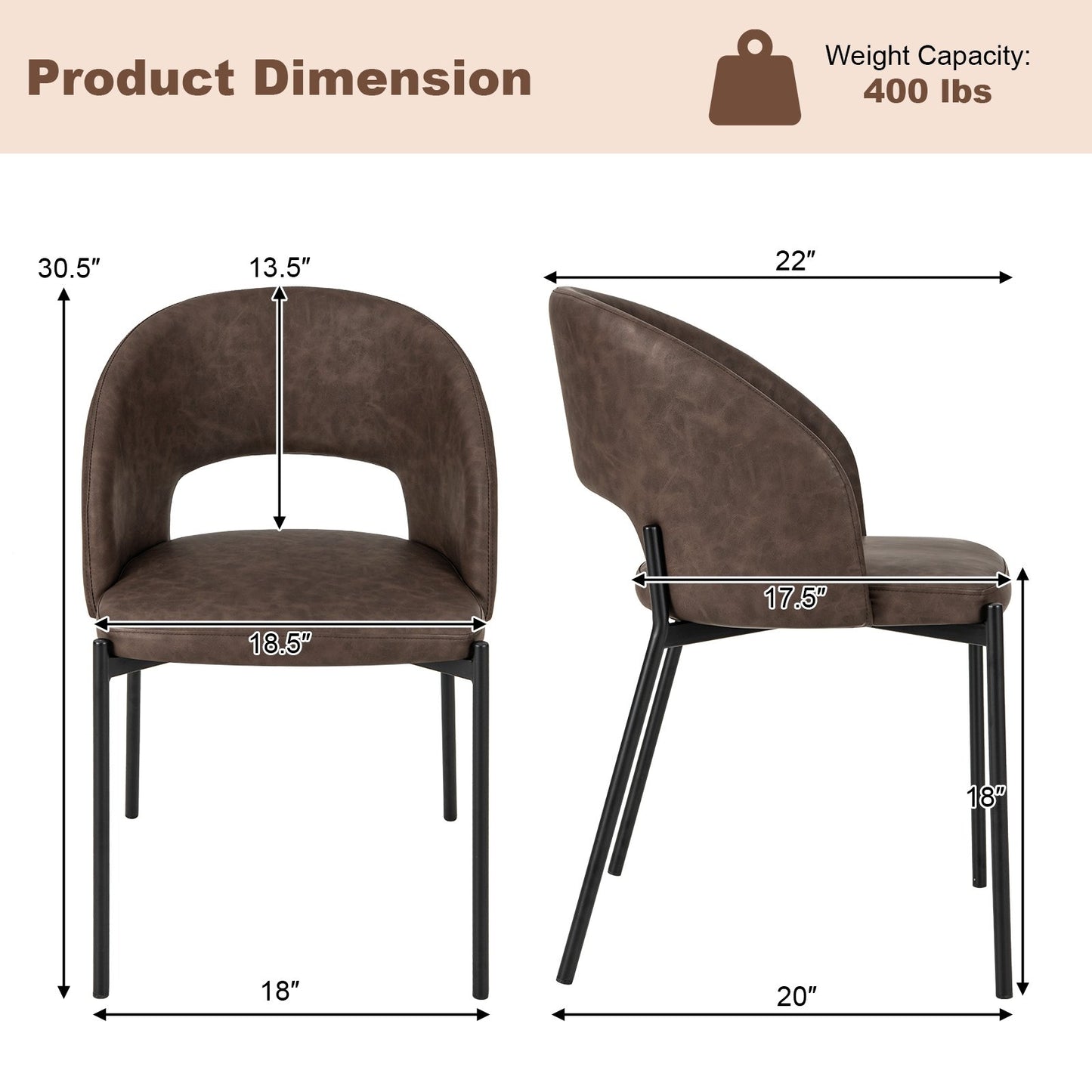 Dining Chair Set of 2 with High-density Sponge Cushion and PU Leather, Brown