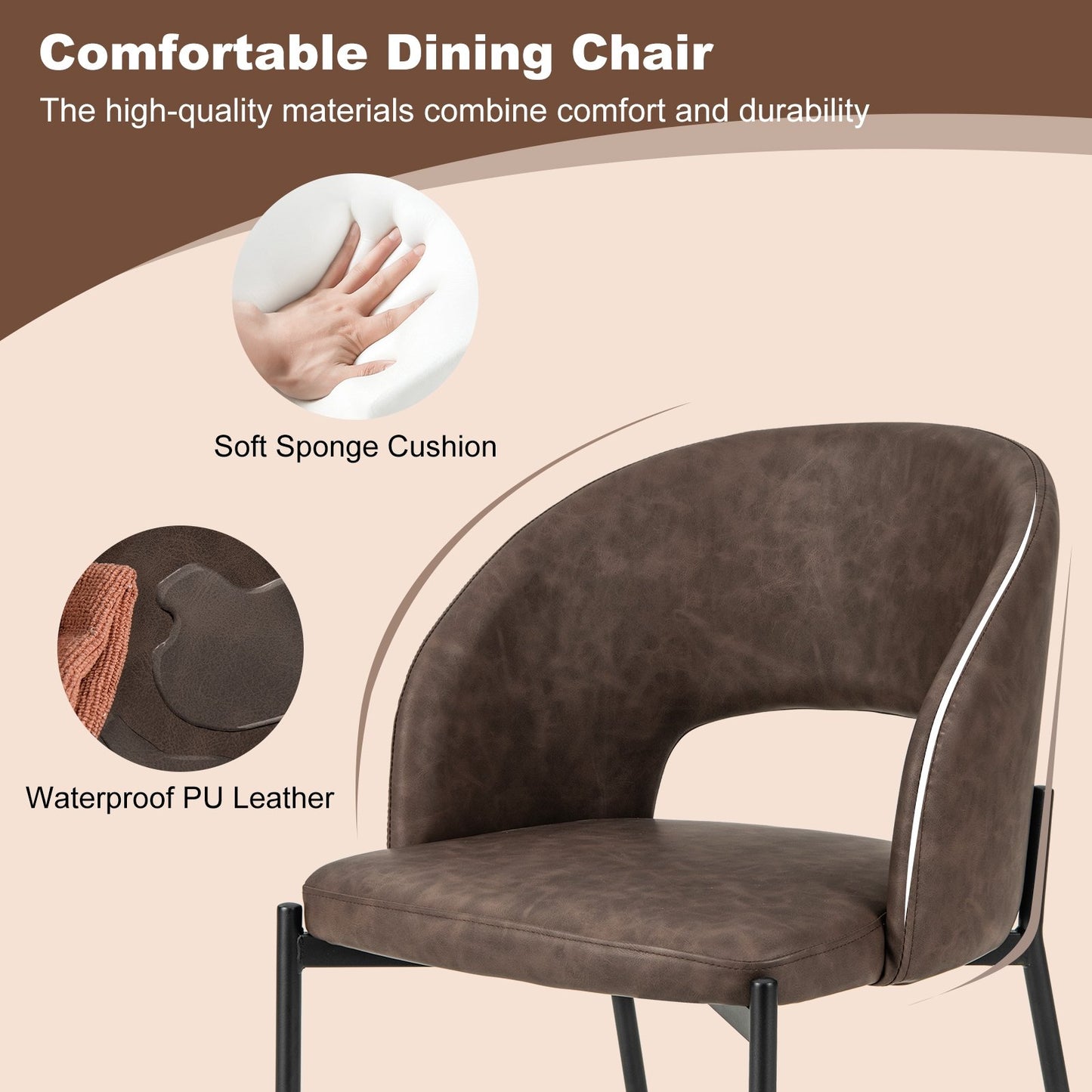 Dining Chair Set of 2 with High-density Sponge Cushion and PU Leather, Brown