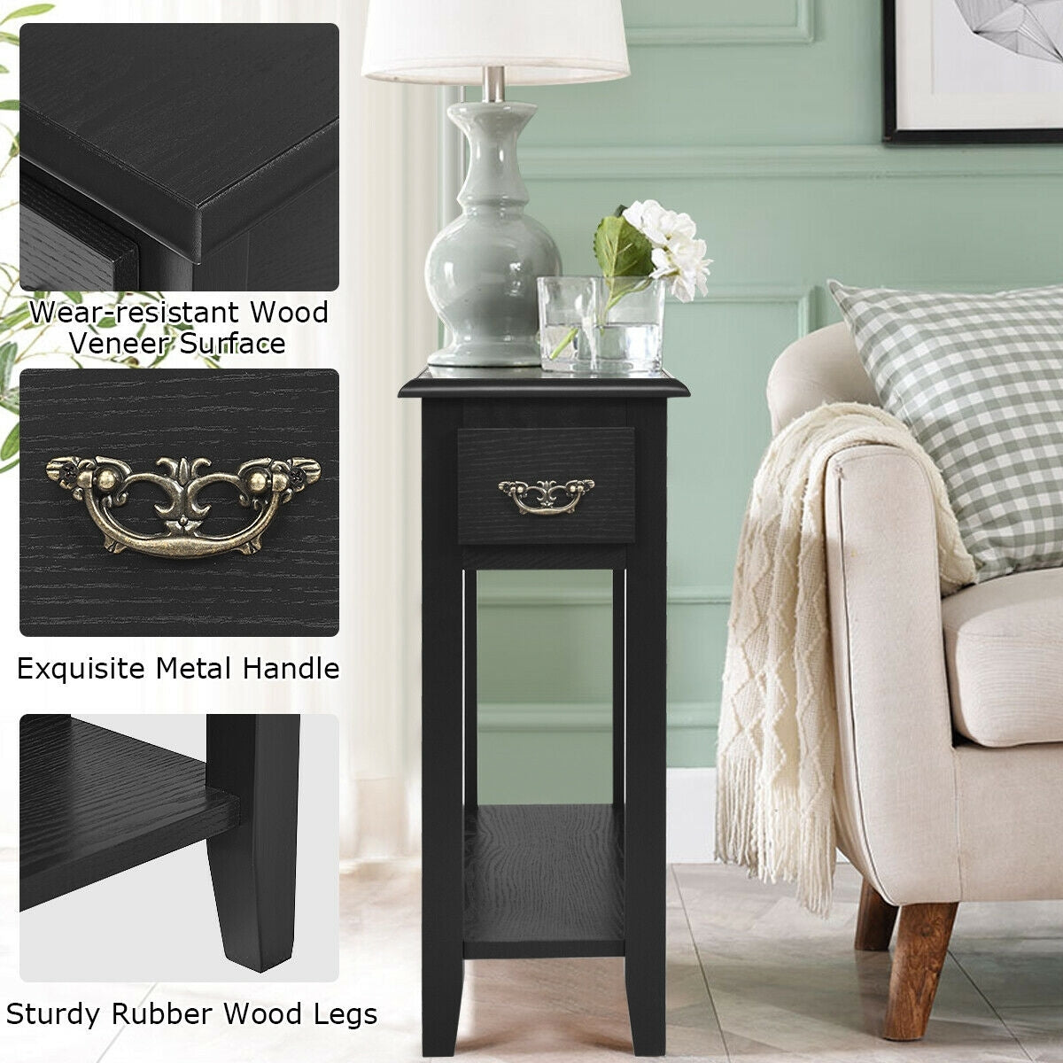 2 Tier End Bedside Sofa Side Table Narrow Nightstand, Black End & Side Tables at Gallery Canada