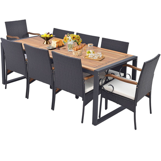 9 Pieces  Patio Rattan Dining Set with Acacia Wood Table for Backyard  Garden-Curved Handrail at Gallery Canada