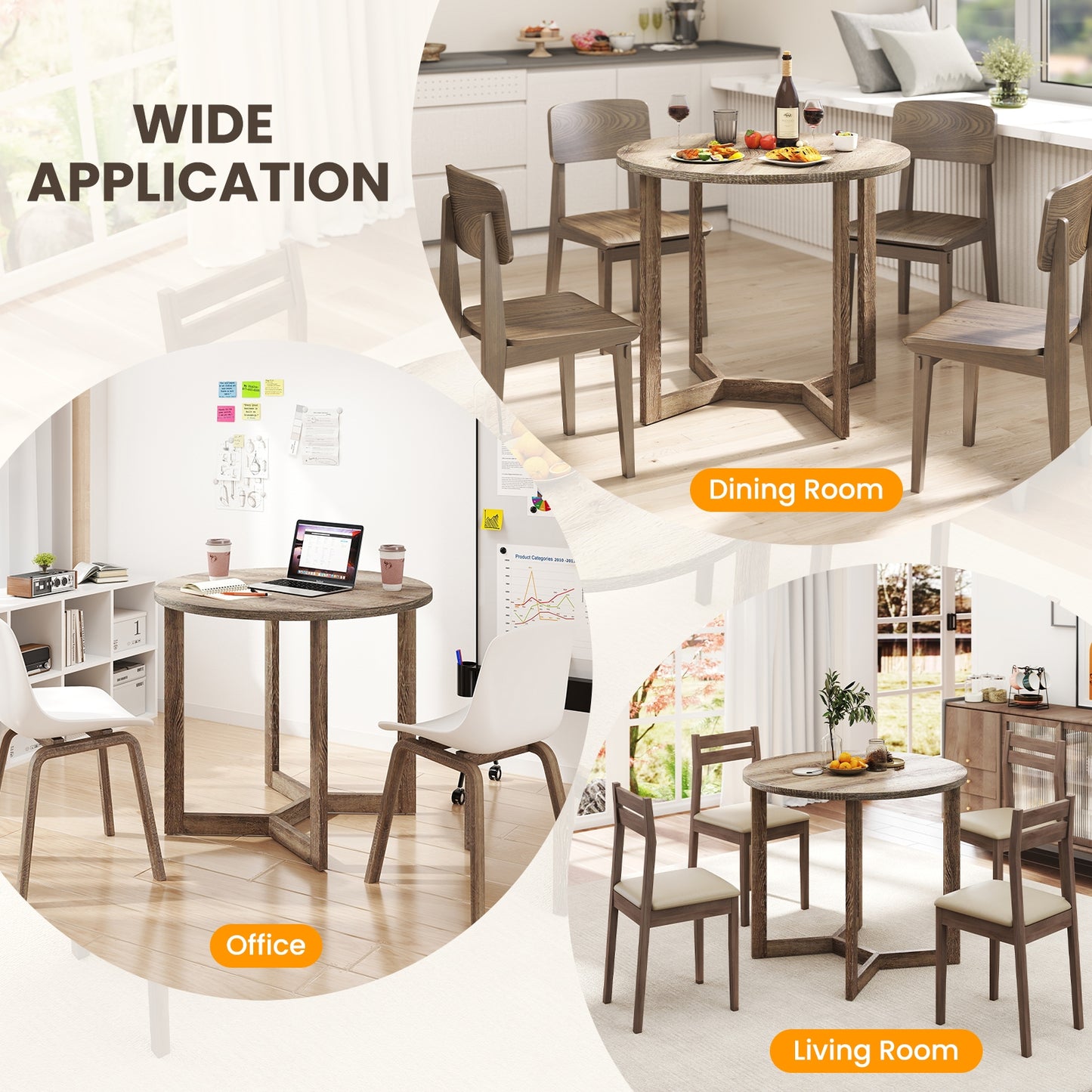 36 Inch Round Wood Dining Table, Wing-Shaped Pedestal Base, Gray