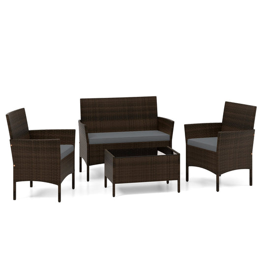 4 Piece Patio Rattan Conversation Set with Cozy Seat Cushions, Gray