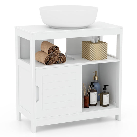 Pedestal Sink Storage Cabinet with 2 Sliding Doors and U-shaped Cut-out, White