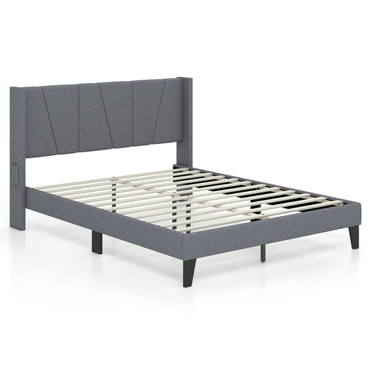 Full/Queen Size Bed Frame with Wingback Headboard and Wood Slat Support-Queen Size, Gray