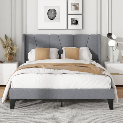 Full/Queen Size Bed Frame with Wingback Headboard and Wood Slat Support-Queen Size, Gray