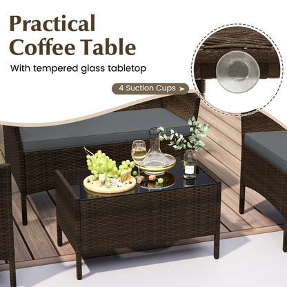 4 Piece Patio Rattan Conversation Set with Cozy Seat Cushions, Gray