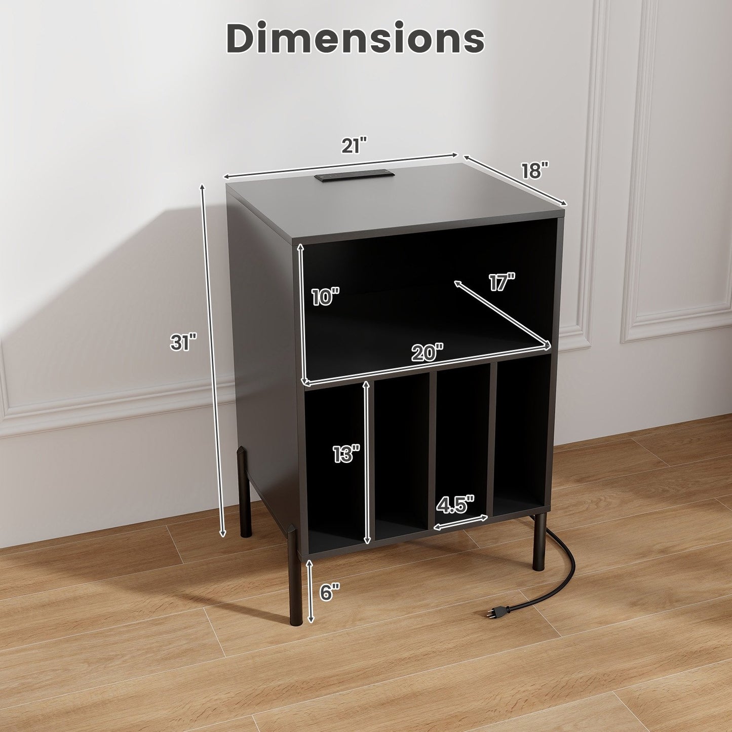 Record Player Stand with Record Storage Shelf and Charging Station, Black