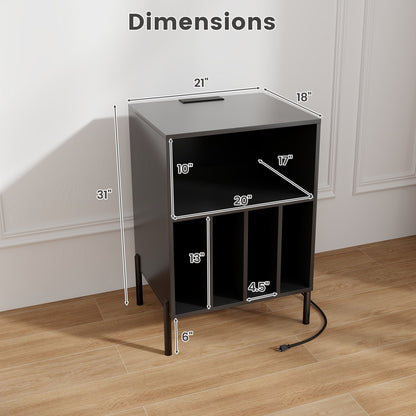 Record Player Stand with Record Storage Shelf and Charging Station, Black