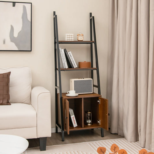 4-Tier Ladder Shelf With Cabinet, Metal Frame, Rustic Brown Bookcases Rustic Brown at Gallery Canada