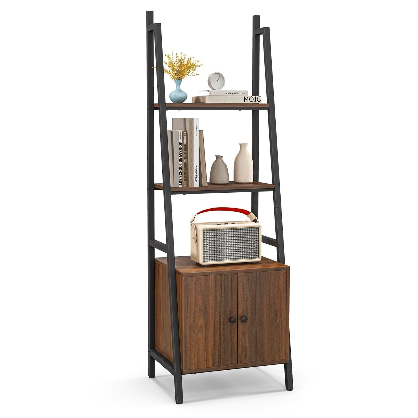 4-Tier Ladder Shelf with Cabinet and Metal Frame, Rustic Brown