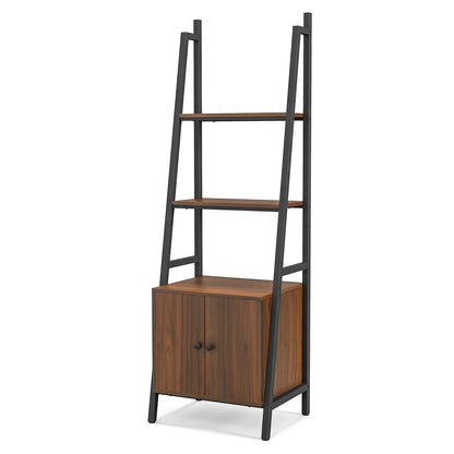 4-Tier Ladder Shelf with Cabinet and Metal Frame, Rustic Brown
