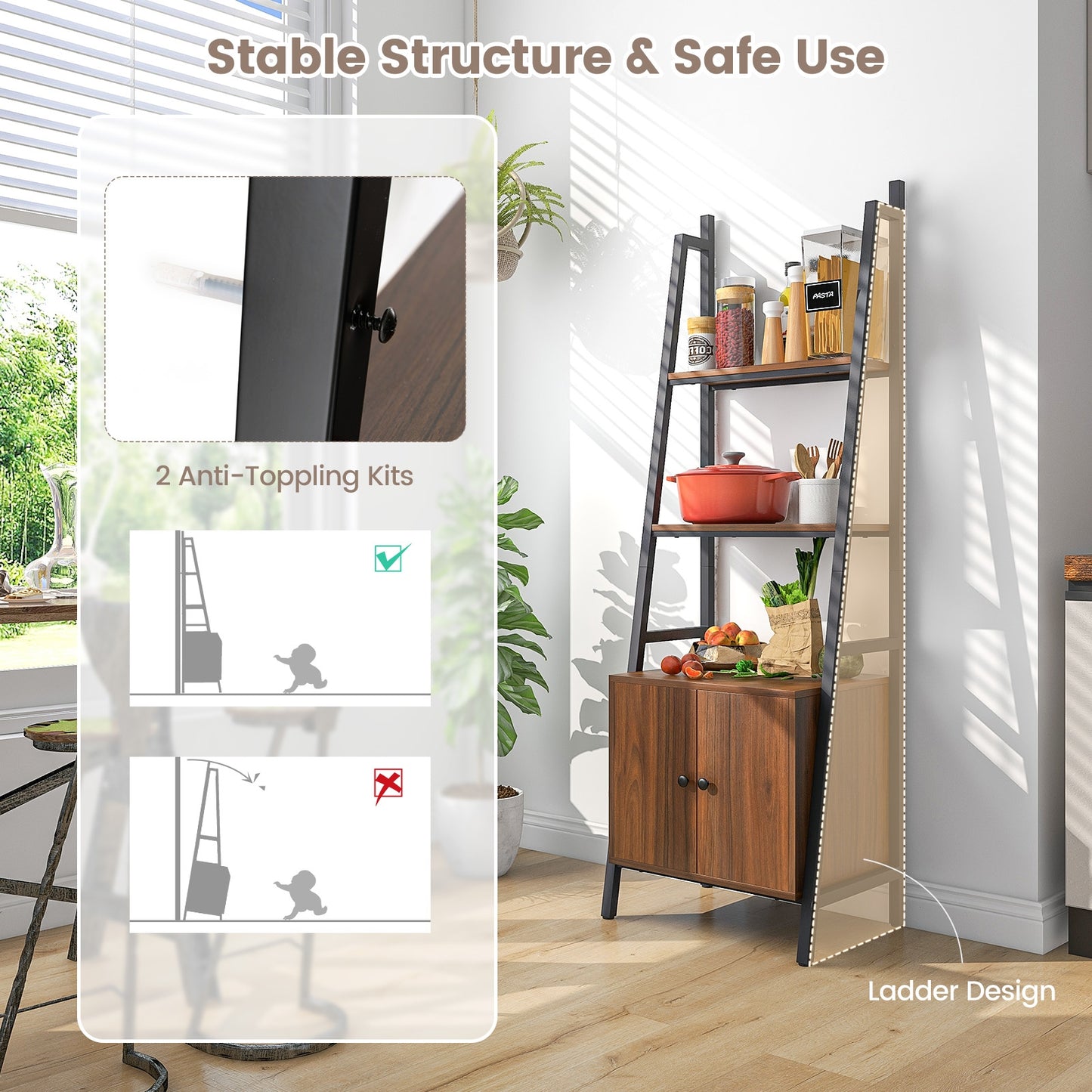 4-Tier Ladder Shelf With Cabinet, Metal Frame, Rustic Brown Bookcases at Gallery Canada