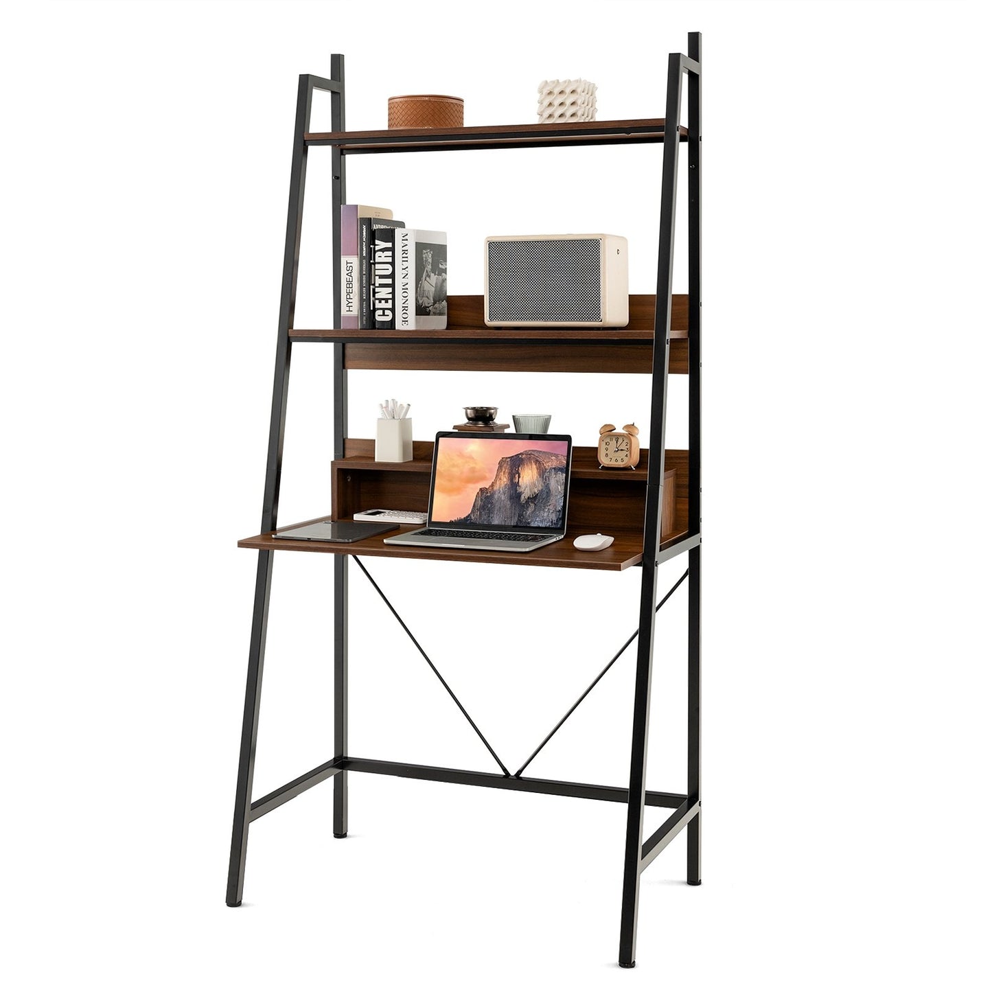 71” High Freestanding Laptop Desk with Open Shelves for Living Room Bedroom Study, Brown