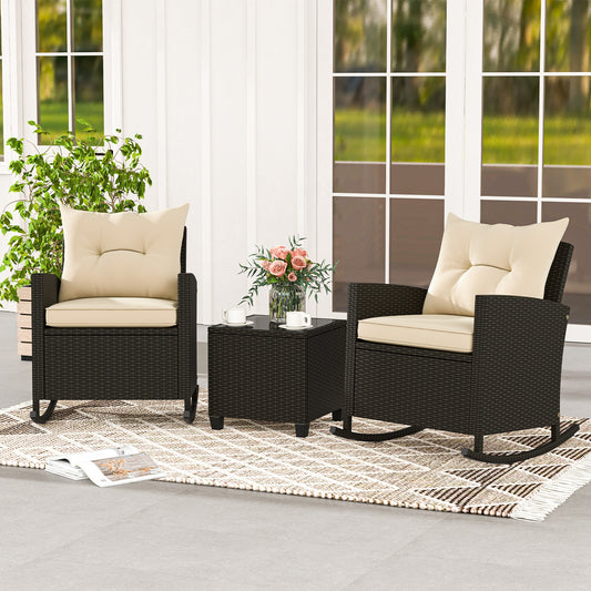 3-Piece Patio Rattan Rocker Chairs, Tempered Glass Table, Soft Cushions, Beige Patio Conversation Sets Beige at Gallery Canada