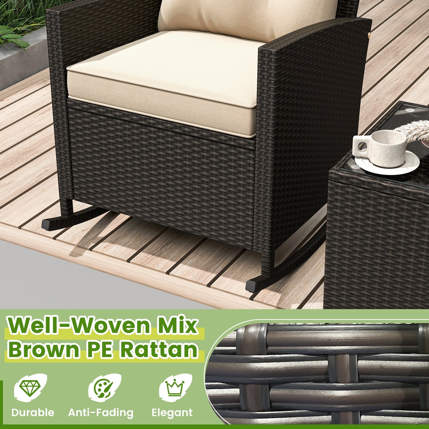 3-Piece Patio Rattan Rocker Chairs, Tempered Glass Table, Soft Cushions, Beige Patio Conversation Sets at Gallery Canada