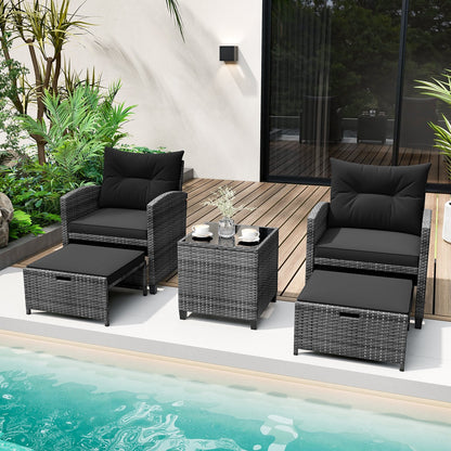 5 Piece Patio Rattan Furniture with 2 Ottomans and Tempered Glass Coffee Table, Black