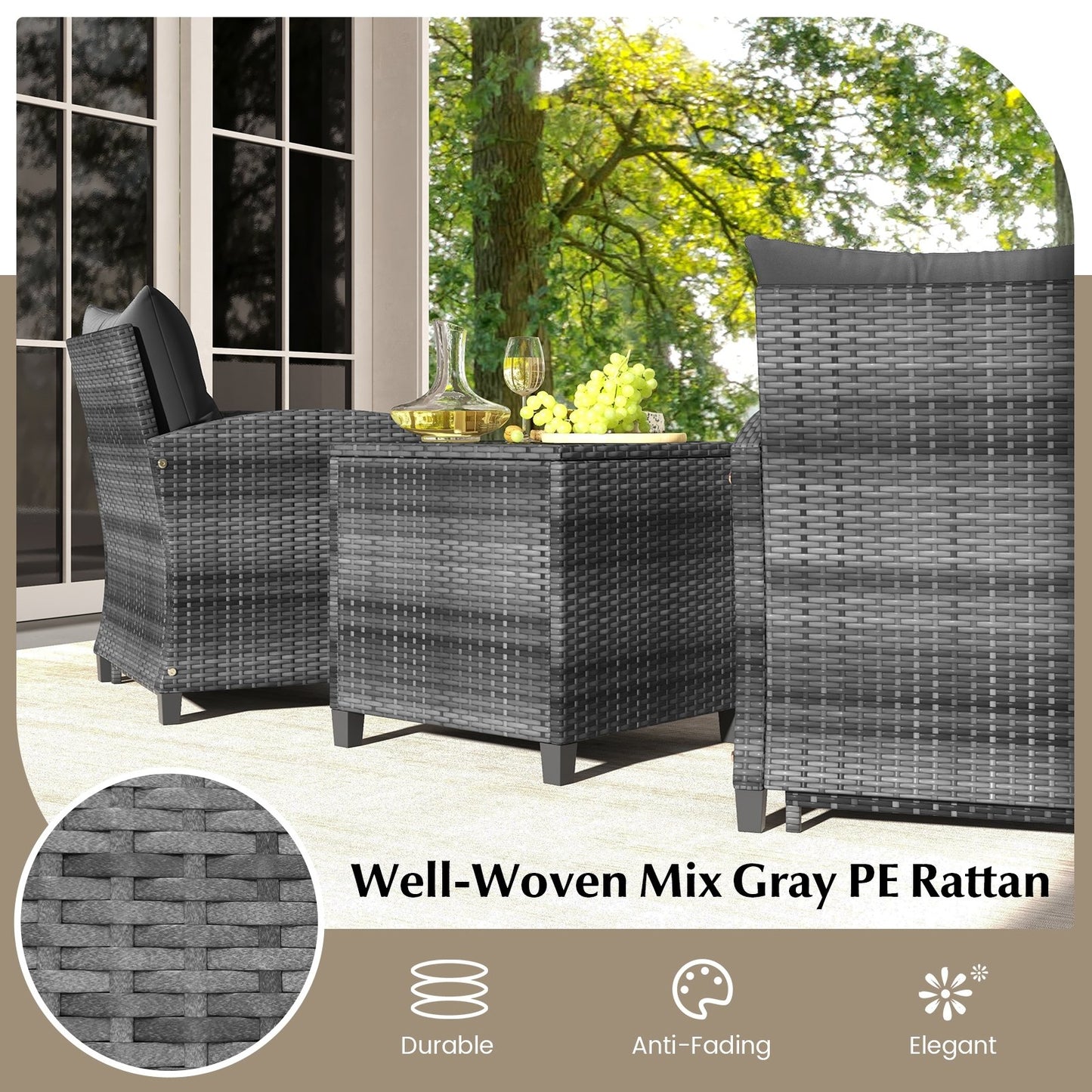 5 Piece Patio Rattan Furniture with 2 Ottomans and Tempered Glass Coffee Table, Black