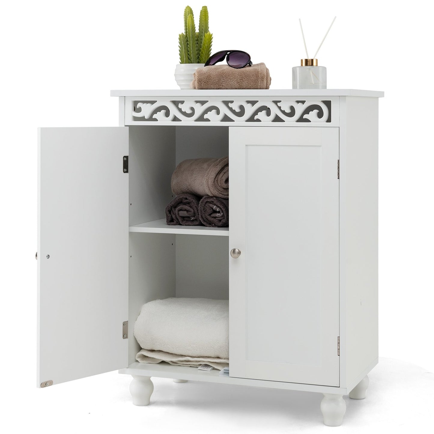 Freestanding Bathroom Cabinet Floor Storage Organizer with Adjustable Shelf and Solid Wood Legs, White