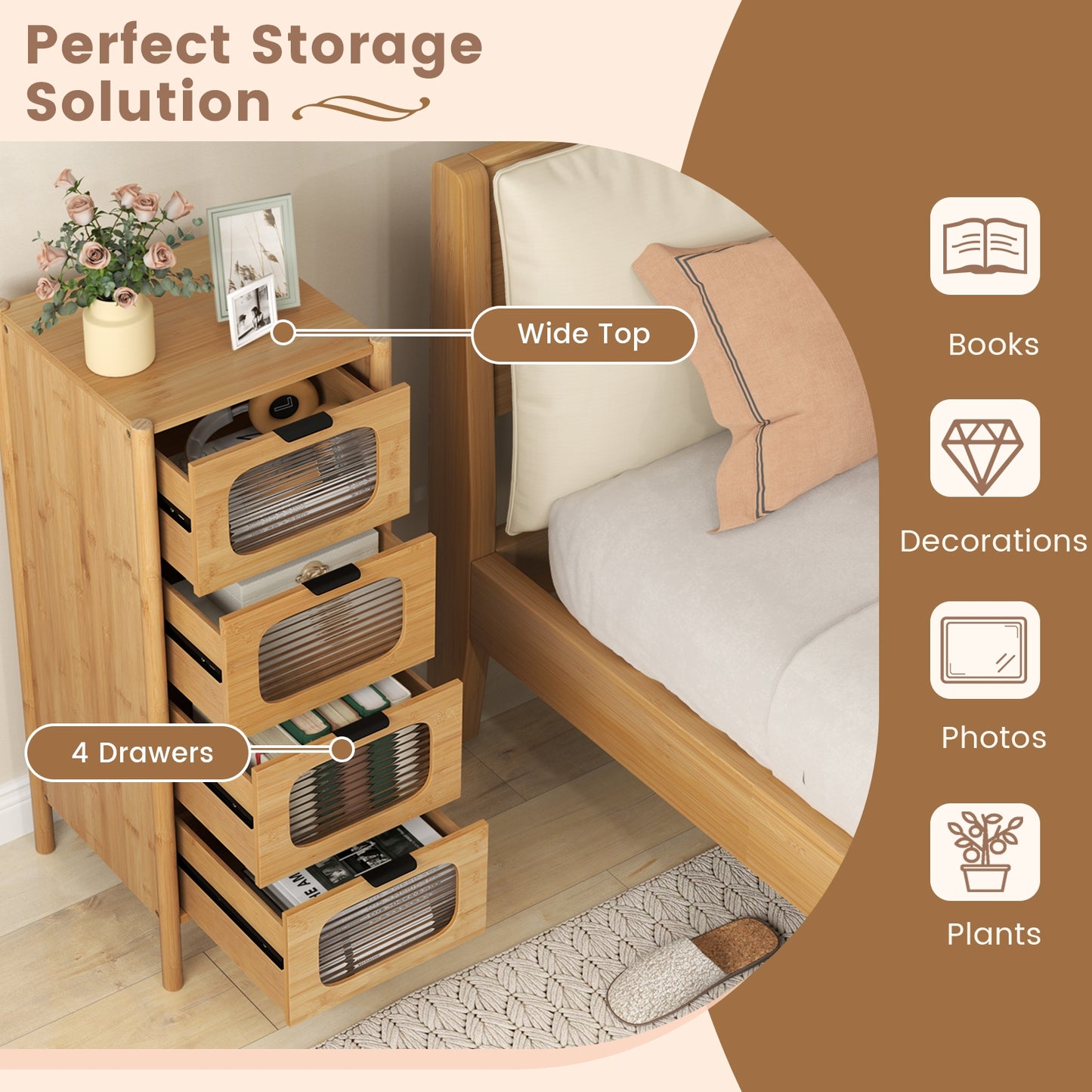 4-Drawer Dresser Bamboo Storage Cabinet with Fluted Tempered Glass Drawers, Natural Cabinets & Chests at Gallery Canada