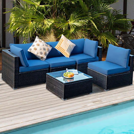 5 Piece Cushioned Patio Rattan Furniture Set, Glass Table, Navy Outdoor Sectionals Navy at Gallery Canada