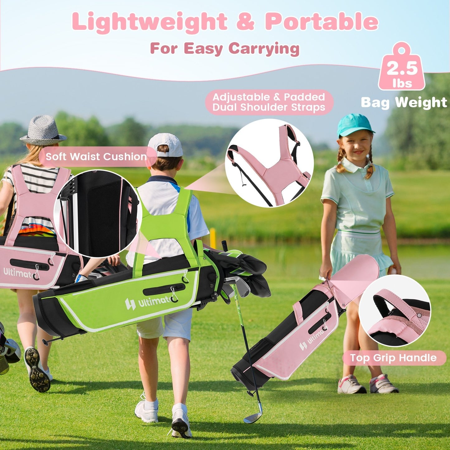 Junior Complete Golf Club Set with Stand Bag Rain Hood, Pink