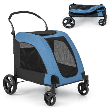 4 Wheels Extra Large Dog Stroller Foldable Pet Stroller with Dual Entry, Blue