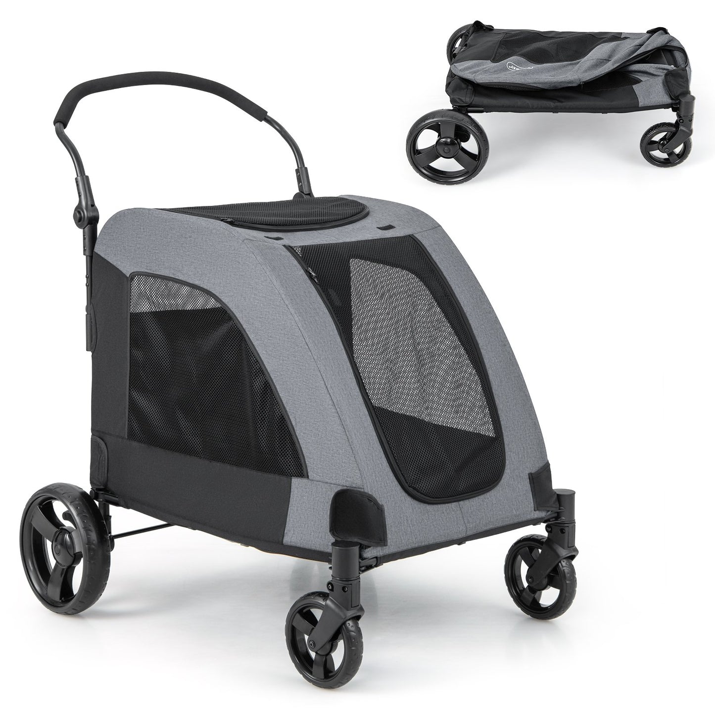 4 Wheels Extra Large Dog Stroller Foldable Pet Stroller with Dual Entry, Gray