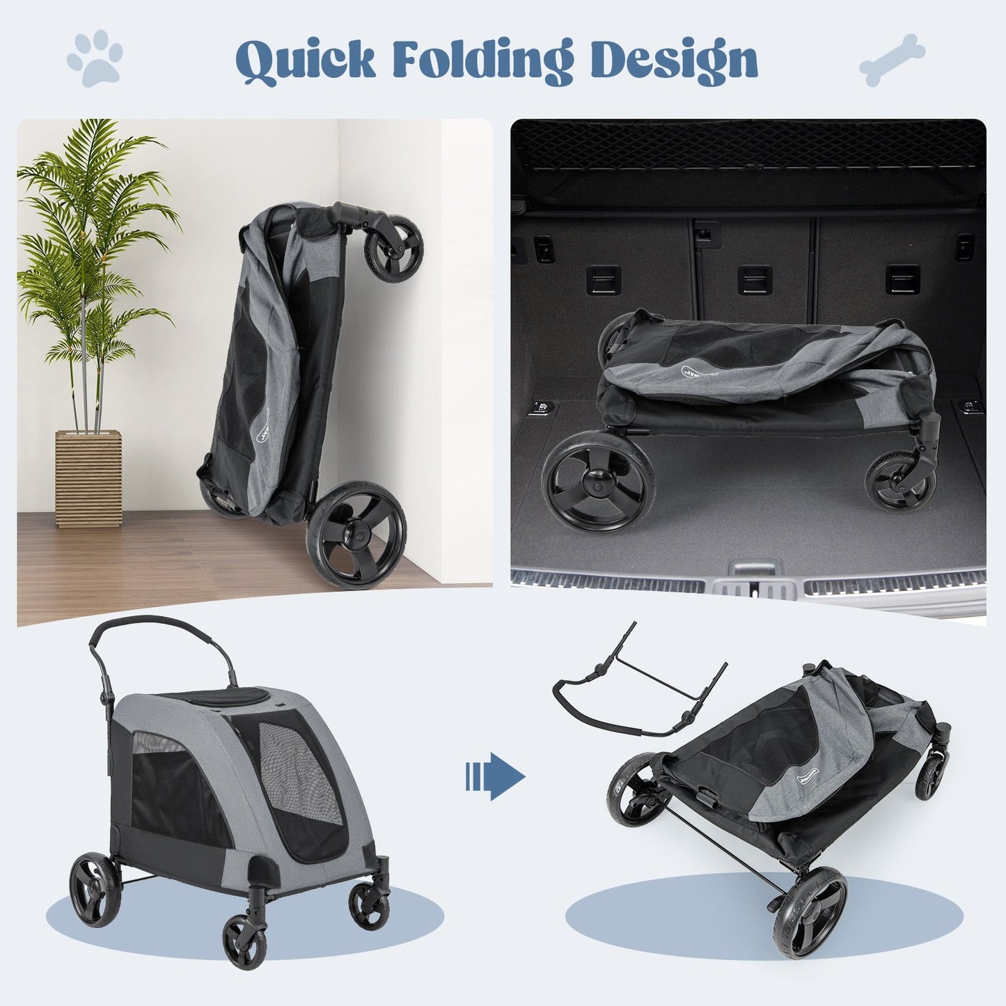 4 Wheels Extra Large Dog Stroller Foldable Pet Stroller with Dual Entry, Gray