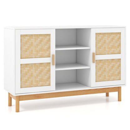 48 Inch Sideboard Buffet Cabinet Floor Storage Cabinet with 2 Bamboo Woven Doors, White