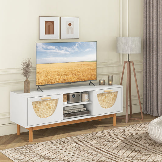 Mid Century Modern TV Stand For 55-Inch TV, 2 Drawers, Bamboo Fronts, White Entertainment Centers & TV Stands White at Gallery Canada