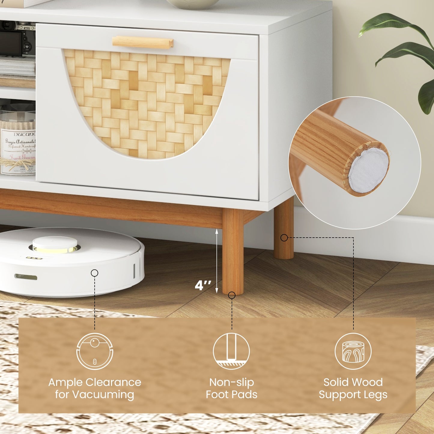 Mid Century Modern TV Stand For 55-Inch TV, 2 Drawers, Bamboo Fronts, White Entertainment Centers & TV Stands at Gallery Canada