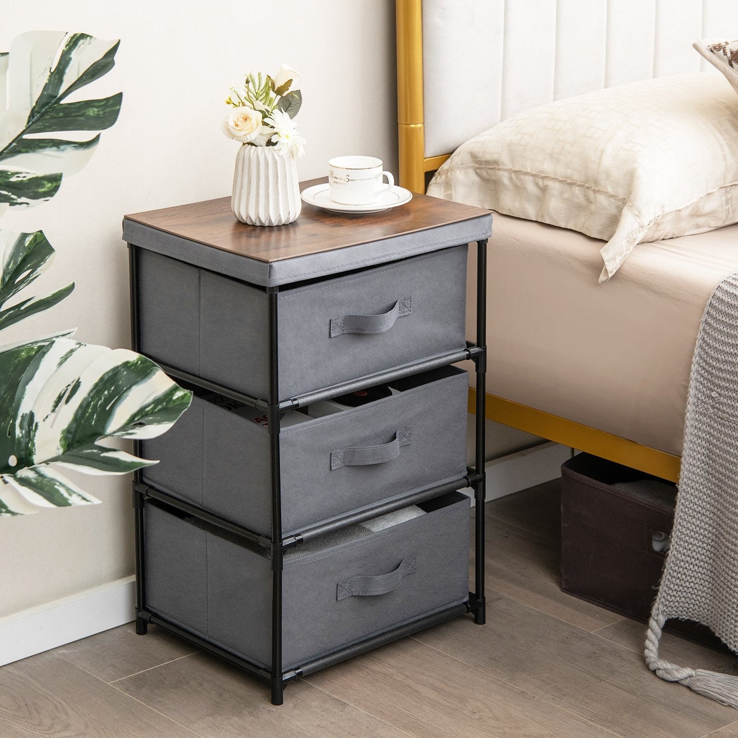 3-Tier Fabric Nightstand with Sturdy Metal Frame, Gray