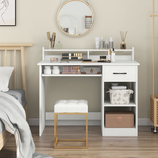 Bureau avec station de recharge, étagère réglable, blanc