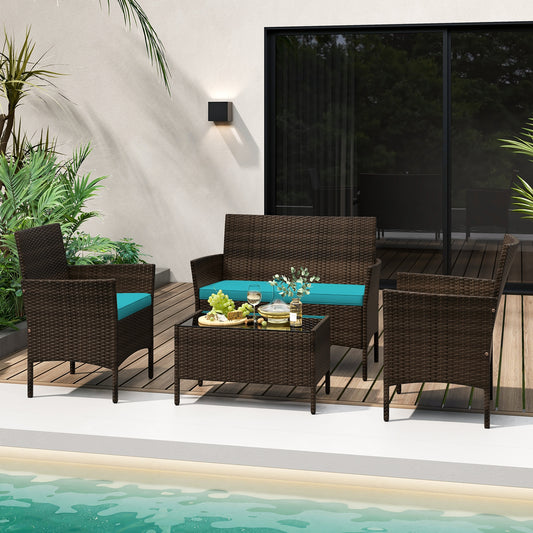 4 Piece Patio Rattan Conversation Set With Cozy Seat Cushions, Turquoise