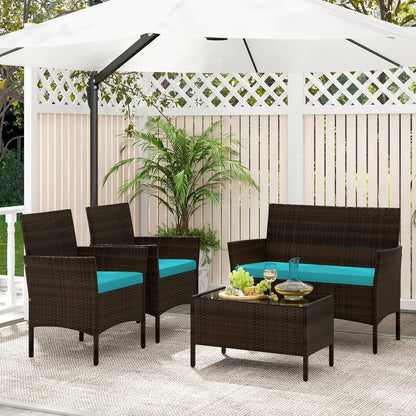 4 Piece Patio Rattan Conversation Set with Cozy Seat Cushions, Turquoise