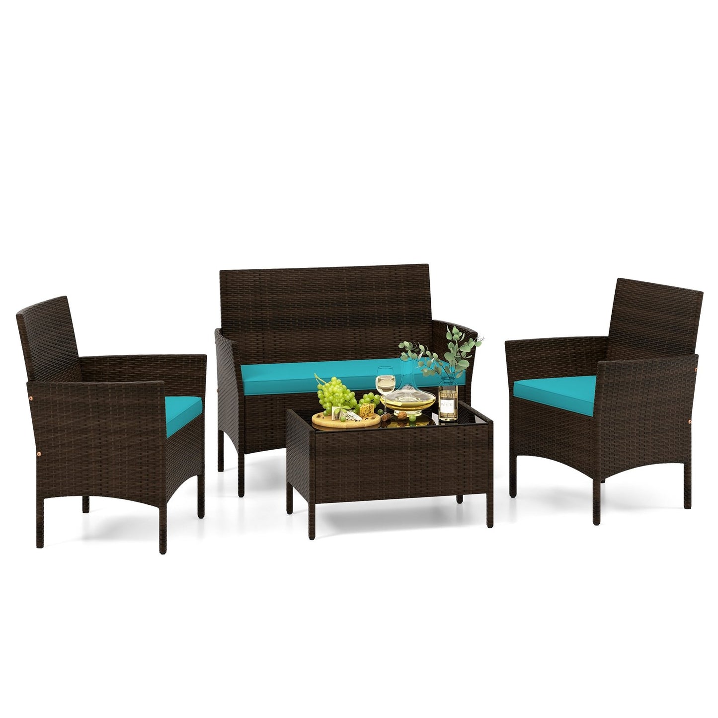 4 Piece Patio Rattan Conversation Set with Cozy Seat Cushions, Turquoise