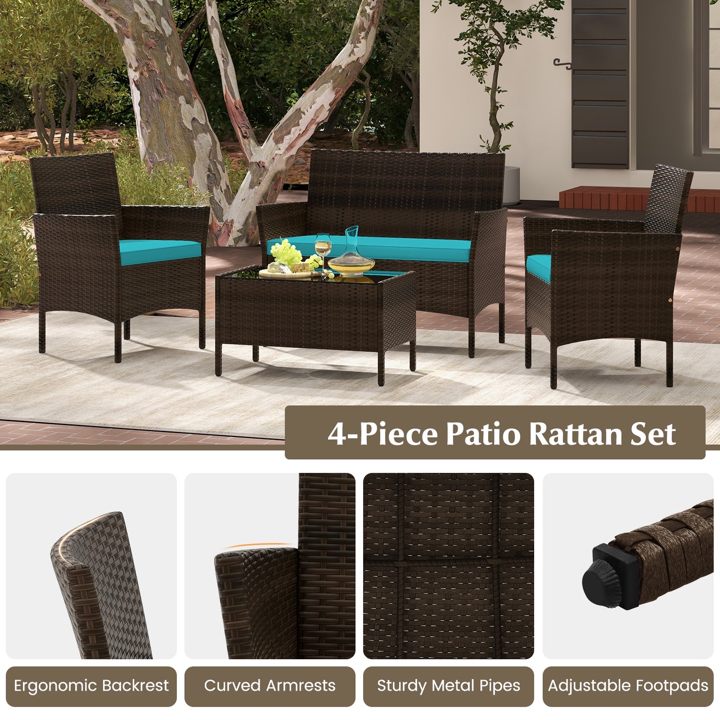 4 Piece Patio Rattan Conversation Set With Cozy Seat Cushions, Turquoise Patio Conversation Sets at Gallery Canada