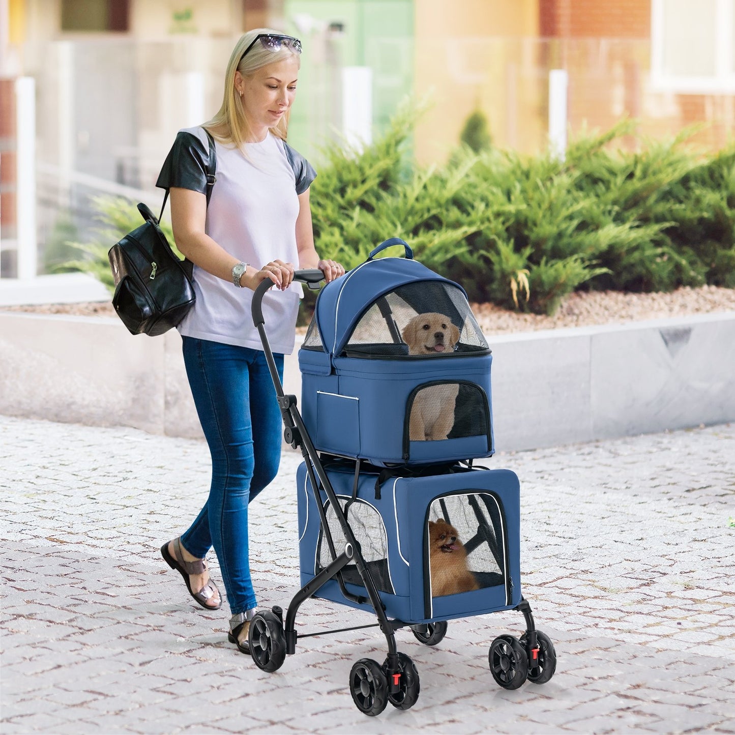 Double Pet Stroller Foldable 3-in-1 Dog Stroller with 2 Detachable Carriers, Blue